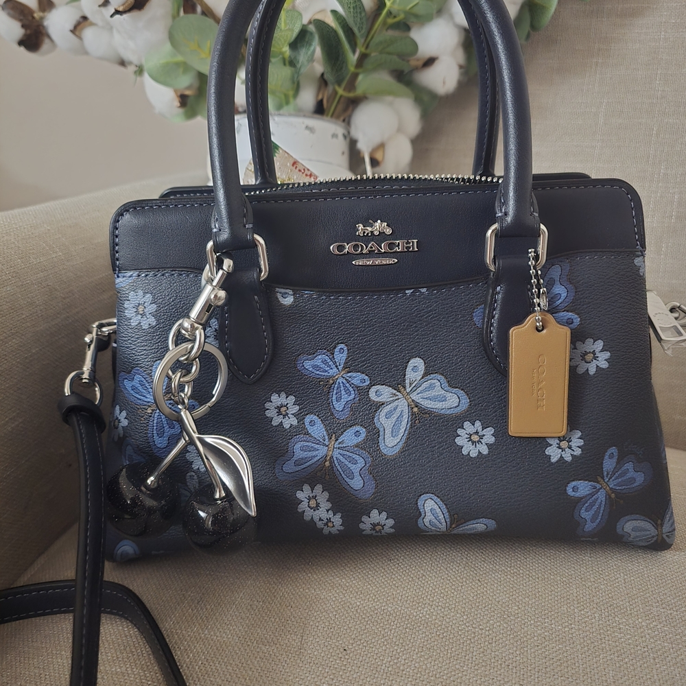 COACH Mini Darcie Carryall Lovely Butterfly Print Silver/Midnight Navy CH212